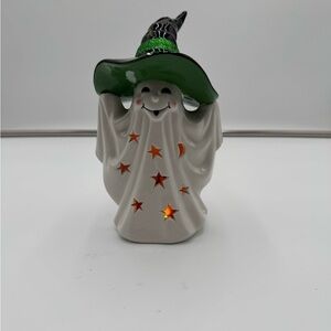 New w/ Box Light Up Ceramic Ghost Figurine Witch Hat Halloween Decor 8”